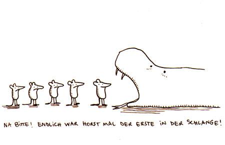 Cartoon: Erster in Schlange. (medium) by puvo tagged maus,schlange,mouse,snake,reihe,queue