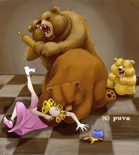 Cartoon: Goldlöckchen. (medium) by puvo tagged goldielocks,goldlöckchen,bär,bear,märchen,fairy,tale,prügelei,fight