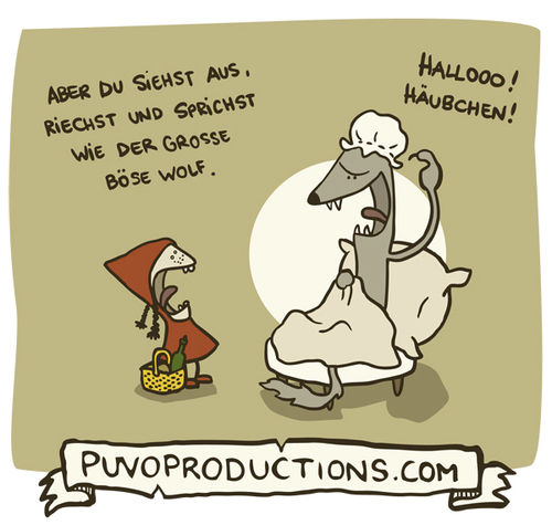 Cartoon: Häubchen. (medium) by puvo tagged wolf,rotkäppchen,tarnung,demokratie,ehrlichkeit,häubchen,betrug,haube,pegida