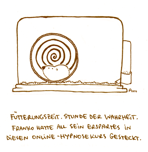 Cartoon: Hypnose. (medium) by puvo tagged hamster,hypnose,hypnotiseur,käfig,cage,freiheit,animal,tier,haustier,pet,nagetier,nager,freedom,rodent,rad,wheel,laufrad,spirale,spiral,optische,täuschung,optical,illusion