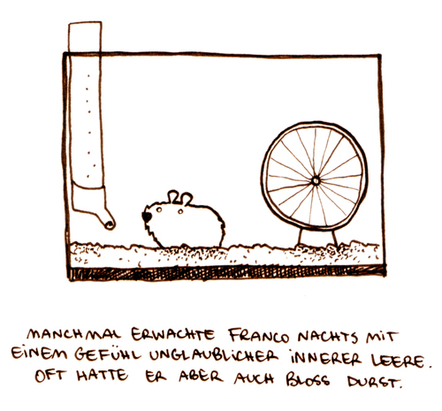 Cartoon: Innere Leere. (medium) by puvo tagged leere,emptyness,lonelyness,einsamkeit,traurigkeit,grief,hamster,enge,käfig,cage,durst,thirsty,thrist,durstig,depression