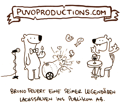 Cartoon: Lachssalve. (medium) by puvo tagged comedy,bär,lachen,lachs,lachsalve,stand,up,comedian,bühne,kleinkunst,show