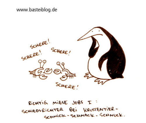 Cartoon: Miese Jobs I (medium) by puvo tagged scissors,paper,rock,papier,schere,stein,schnuck,schnack,schnick,cancer,shrimp,crab,crustacean,krebs,arbitrator,schiedsrichter,krabbe,krustentier,pinguin,penguin