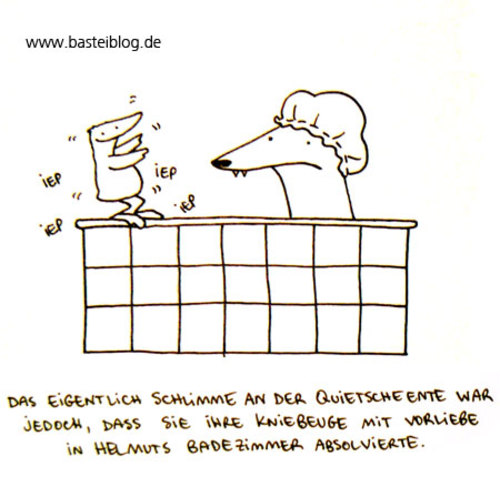 Cartoon: Quietscheente (medium) by puvo tagged ente,bad,baden,wolf,quietscheente,bath,duck,badewanne,bathtub