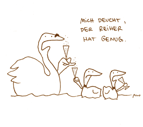 Cartoon: Reiher. (medium) by puvo tagged reiher,bird,vogel,water,wasser,see,booze,lake,jag,schwips,betrunken,drunk,sparkling,wine,ente,schwan,duck,swan,party,feier,feiern,heron,alcohol,alkohol,sekt,teich