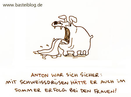 Cartoon: Schweißdrüsen. (medium) by puvo tagged sommer,summer,hitze,heat,hund,dog,bulldogge,bulldog,schwitzen,sweat,schweiß,schweißdrüse,hecheln,zunge,tongue,pant