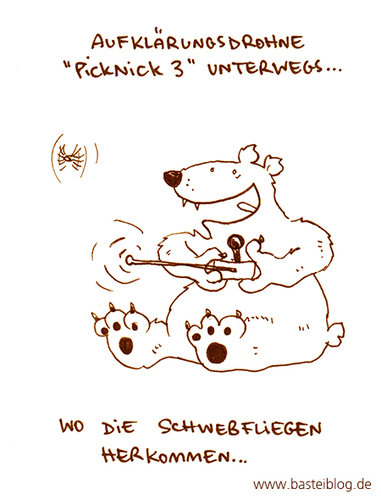 Cartoon: Wo die Schwerbfliegen herkommen. (medium) by puvo tagged sommer,schwebfliege,fliege,drohne,bär