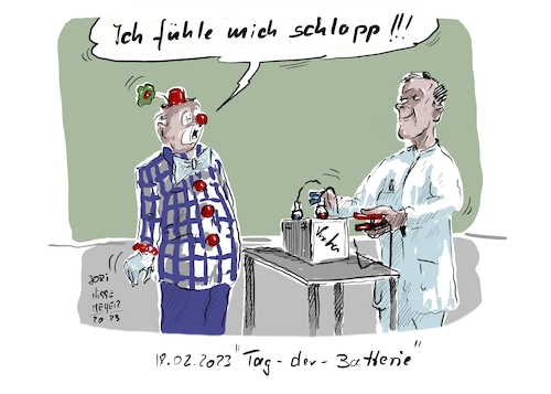 Cartoon: 18.02.2023 (medium) by Jori Niggemeyer tagged heuteist,tagderbatterie,batterie,energie,strom,schlapp,energieschub,karneval,clown,fasching,arzt,satire,humor,joricartoon,joriniggemeyer,niggemeyer,joachimrniggemeyer,karikatur,cartoonart,illustration,illustrator,witzigebilder,lachen,witzig,cartoondrawing,cartoon,heuteist,tagderbatterie,batterie,energie,strom,schlapp,energieschub,karneval,clown,fasching,arzt,satire,humor,joricartoon,joriniggemeyer,niggemeyer,joachimrniggemeyer,karikatur,cartoonart