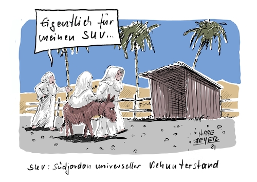 Cartoon: Auf dem Weg nach Bethlehem... (medium) by Jori Niggemeyer tagged ontheroad,bethlehem,schwangerschaft,mietobjekt,suv,reise,geburtsvorbereitung,landleben,stall,krippe,weihnachten,jesus,christkind,maria,josef,neuorientierung,cartoonist,satire,humor,joricartoon,niggemeyer,cartoonart,illustration,illustrator,karikatur,cartoonstyle,cartoondrawing,cartoonnetwork,witzigebilder,cartoon,ontheroad,bethlehem,schwangerschaft,mietobjekt,suv,reise,geburtsvorbereitung,landleben,stall,krippe,weihnachten,jesus,christkind,maria,josef,neuorientierung,cartoonist,satire,humor,joricartoon