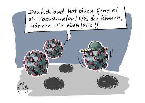 Cartoon: Aufrüstung... (medium) by Jori Niggemeyer tagged omicron,omikron,general,corona,aufrüstung,koordination,coronaregeln