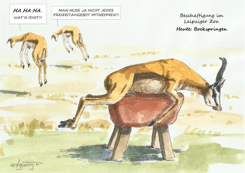 Cartoon: Bockspringen (medium) by Jori Niggemeyer tagged zoo,springbock,bochspringen,tier,antilopen,leipzig,freizeit,beschäftigung,therapie,niggemeyer,joricartoon,cartoon