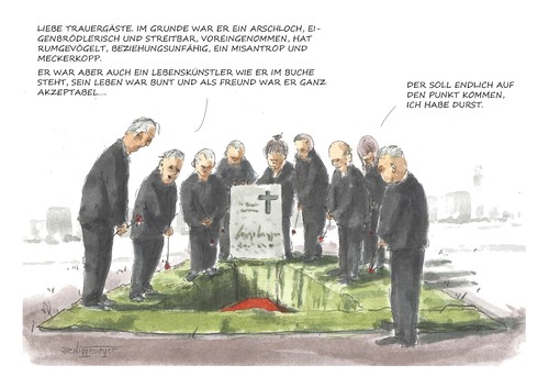 Cartoon: Den Toten nur Gutes (medium) by Jori Niggemeyer tagged grab,grabrede,trauer,tod,trauergemeinde,tradition,friedhof,gottesacker,letzte,ruhe,begräbnis,leichenschmaus,rosen,schwarz,niggemeyer,joricartoon,cartoon,karikatur