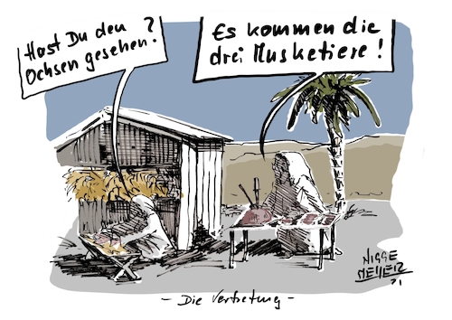 Cartoon: Die Vertretung... (medium) by Jori Niggemeyer tagged krippe,weihnachten,esus,christkind,dreimusketiere,heiligedreikönige,vertretung,ochse,ochsenbraten,barbeque,verpflegung,fleisch,grill,cartoonist,satire,humor,joricartoon,cartoonart,illustration,illustrator,karikatur,cartoonstyle,cartoondrawing,cartoonnetwork,witzigebilder,cartoon