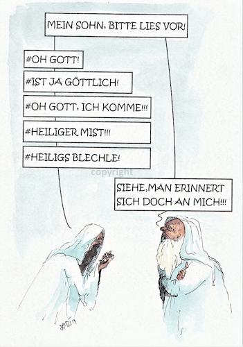 Cartoon: Gott geht viral... (medium) by Jori Niggemeyer tagged gottgehtviral,stossgebete,gebet,gott,göttlich,handy,gottessohn,jesus,vorleser,joricartoon