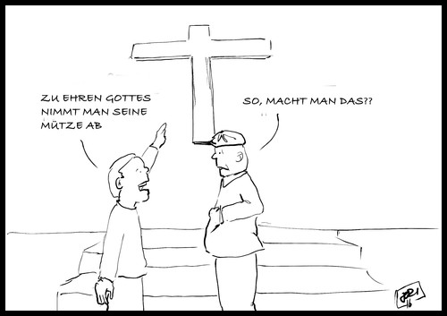 Cartoon: Hut ab... (medium) by Jori Niggemeyer tagged joricartoon,jori,niggemeyer,weltfremd,pflichtbewusstsein,sakrileg,unfassbar,altertum,pflicht,liebe,druck,zwang,dogmen,nicht,auch,oder,glaube,kirche