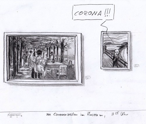 Cartoon: Im Museum ohne Besucher... (medium) by Jori Niggemeyer tagged corona,museum,kunst,stayathome,ausgangssperre,corona,museum,kunst,stayathome,ausgangssperre,bilder,unterhaltung,der,schrei,munch,kommunikation