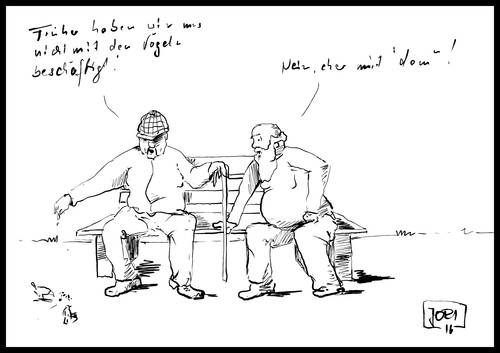 Cartoon: Mit den Vögeln (medium) by Jori Niggemeyer tagged alter,erinnerungen,sehnsüchte,gedanken,perspektiven,menschen,männer,parkbank,vögel,vogelfutter,niggemeyer,joricartoon,cartoon,jori