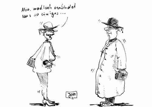 Cartoon: Mode verbindet (medium) by Jori Niggemeyer tagged mode,sutane,kirche,priester,frau,kette,hut,bibel,tasche,kleid,niggemeyer,jori,joricartoon