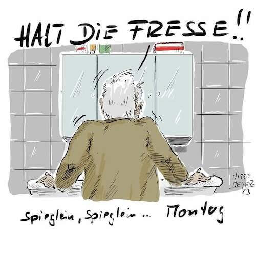 Cartoon: Montag ... (medium) by Jori Niggemeyer tagged spiegel,montag,schlechtelaune,karikatur,cartoon,mann,männer,beziehung,schlechtdrauf,keinbock,nullbock,laune,motivation,demotivation,negativ,positiv