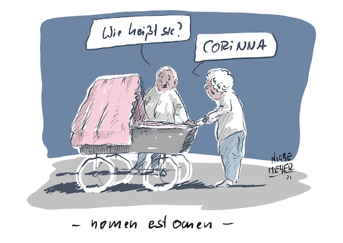 Cartoon: nomen est omen... (medium) by Jori Niggemeyer tagged corinna,lockdown,corona,vorname,covid19,niggemeyer,joricartoon,cartooon,corinna,lockdown,corona,vorname,covid19,niggemeyer,joricartoon,cartoon,baby,eltern,kinderwagen