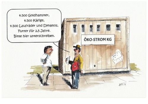 Cartoon: Ökologie absurd (medium) by Jori Niggemeyer tagged ökostrom,ökologie,erneuerbare,energien,hamster,ökostrom,ökologie,erneuerbare,energien,hamster,umwelt,schutz