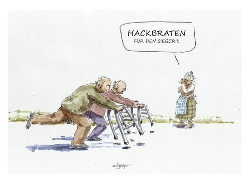 Cartoon: Oppas Run... (medium) by Jori Niggemeyer tagged farbcartoon,cartoon,joricartoon,niggemeyer,ziele,wettbewerb,pressecartoon,siegen,sieger,alter,gehhilfe,genuss,koschen,schürze,rentner,karikatur,challenge,rennen,essen,oma,opa