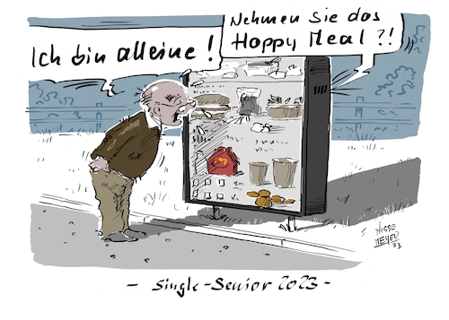 Cartoon: Single Senior (medium) by Jori Niggemeyer tagged heuteisttagdes,notruf,notrufsäule,fastfood,einsamkeit,allein,senior,alleinsein,single,witwer,heuteisttagdes,notruf,notrufsäule,fastfood,einsamkeit,allein,senior,alleinsein,single,witwer