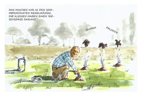 Cartoon: Sommerfreuden im Schrebergarten (medium) by Jori Niggemeyer tagged schrebergarten,kühl,heiß,gut,spass,abkühlung,wasser,abhilfe,hitze,karikatur,cartoon,joricartoon,niggemeyer