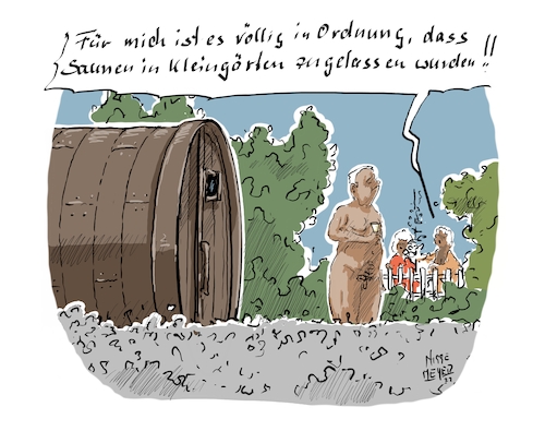 Cartoon: Staunen in Kleingärten ... (medium) by Jori Niggemeyer tagged sauna,kleingarten,garten,schrebergarten,beziehung,paar,saunieren,nacktheit,nackt,nachbarschaft,sauna,kleingarten,garten,schrebergarten,saunieren,nacktheit,nackt,nachbarschaft