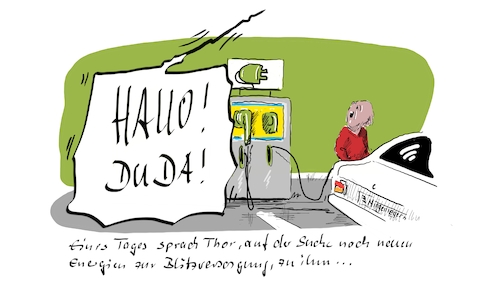 Cartoon: Thor und erneuerbare Energien... (medium) by Jori Niggemeyer tagged thor,götter,energie,erneuerbare,strom,ladestation,elektrisch,elektronisch,joricartoon