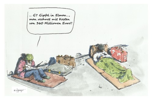 Cartoon: Unverhälnismässigkeit (medium) by Jori Niggemeyer tagged harper,abe,renzi,matteo,hollande,cameron,obama,merkel,angela,deutschland,kosten,straße,dekadenz,farbcartoon,iv,harz,geldverschwendung,pressecartoon,karikatur,armut,elend,obdachlosigkeit,politik,g7