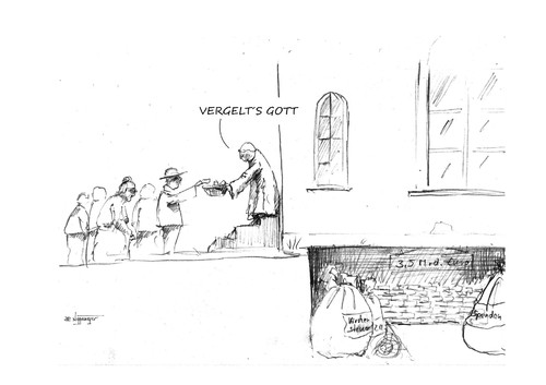 Cartoon: VERGELTS GOTT... (medium) by Jori Niggemeyer tagged niggemeyer,joricartoon,cartoon,kirche,kathilisch,reichtum,kirchensteuer,finanzen,spekulationen,macht,ethik,moral,unternehmen,firma,beteiligungen,widerstand,politik,staat,missbrauch,strategie