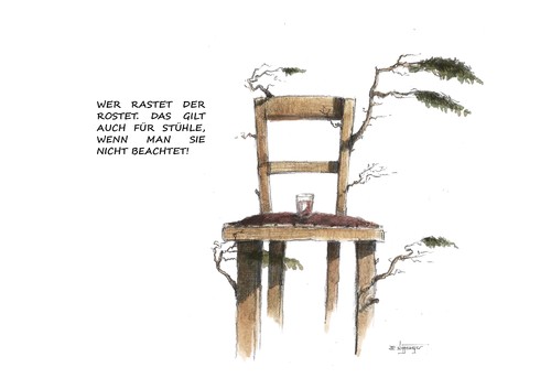 Cartoon: Wer ratstet... (medium) by Jori Niggemeyer tagged stuhl,rast,rost,unflexibel,unbeweglich,träge,ideenlos,faul,phlegmatisch,unkreativ,bleiern,standort,stur,niggemeyer,joricartoon,cartoon,karikatur