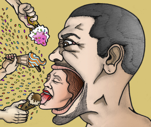 Cartoon: Screaming heads gluttony (medium) by javierhammad tagged sweet,food,cream,ice,scream,heads,surreal,illustration,liebe,leidenschaft,kopf,eis