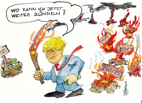 Cartoon: Weiter zündeln (medium) by thomasH tagged usa,trump,jerusalem,staatshaushalt,obamacare,nationalpark,waffenlobby,anstand,twitter,fake