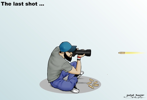 Cartoon: the last shot ... (medium) by jalal hajir tagged press,syria,terrorism,war