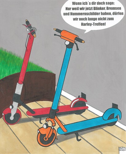 Cartoon: E-Scooter (medium) by BAES tagged scooter,elektro,roller,ebike,fahrrad,energie,umwelt,mobilität,verkejr,ökologie,umweltschutz,harley,zweirad,größenwahn,scooter,elektro,roller,ebike,fahrrad,energie,umwelt,mobilität,verkejr,ökologie,umweltschutz,harley,zweirad,größenwahn