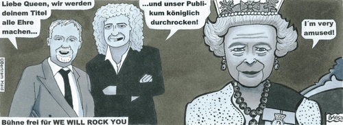 Cartoon: Gekrönte Häupter (medium) by BAES tagged rockband,rock,taylor,roger,may,brian,england,monarchin,königin,elisabeth,queen,queen,elisabeth,ii,königin,monarchin,england,brian,may,roger,taylor,rock,rockband