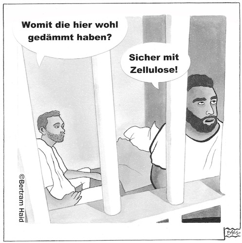 Cartoon: Hinter Gittern (medium) by BAES tagged zellulose,dämmung,dämmstoff,gefängnis,eingesperrt,sträflinge,verbrechen,zelle,strafe,wortspiel,zellulose,dämmung,dämmstoff,gefängnis,eingesperrt,sträflinge,verbrechen,zelle,strafe,wortspiel