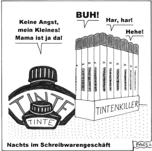 Cartoon: Nachts im Schreibwarengeschäft (medium) by BAES tagged schreibwaren,tinte,tintenkiller,angst,tod,mutter,kind,büromaterial,bedrohung