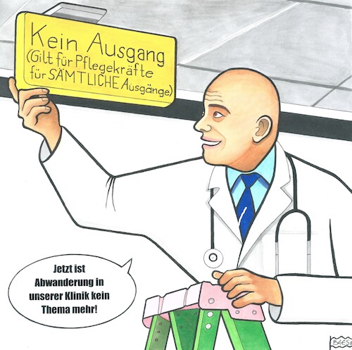 Cartoon: Pflegemisere (medium) by BAES tagged pflege,pflegemisere,pflegenotstand,pflegekräfte,klinik,ärzte,gesundheitswesen,abwanderung,alter,personal,fachkräfte,mangel,pflege,pflegemisere,pflegenotstand,pflegekräfte,klinik,ärzte,gesundheitswesen,abwanderung,alter,personal,fachkräfte,mangel