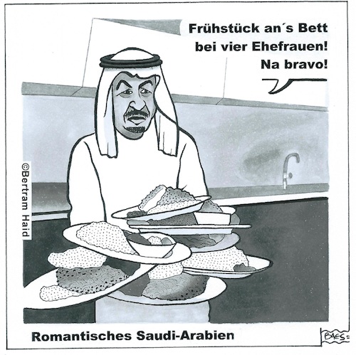 Cartoon: Romantisches Saudiarabien (medium) by BAES tagged mann,frau,saudiarabien,arabien,scheich,emanzipation,patriarchat,frühstück,essen,mann,frau,saudiarabien,arabien,scheich,emanzipation,patriarchat,frühstück,essen