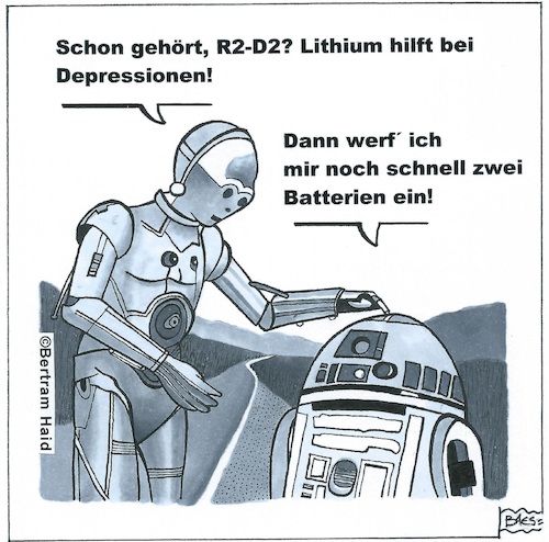 Cartoon: Star Wars backstage (medium) by BAES tagged star,wars,film,kino,roboter,r2d2,c3po,depressionen,krankheit,star,wars,film,kino,roboter,r2d2,c3po,depressionen,krankheit