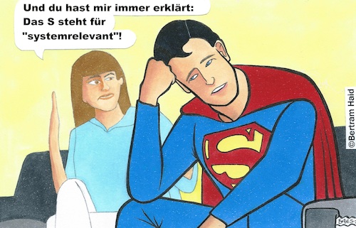 Cartoon: Superman in der Krise (medium) by BAES tagged corona,coronavirus,covid19,pandemie,cartoon,karikatur,schutz,held,superman,systemrelevant,beziehung,streit,corona,coronavirus,covid19,pandemie,cartoon,karikatur,schutz,held,superman,systemrelevant,beziehung,streit