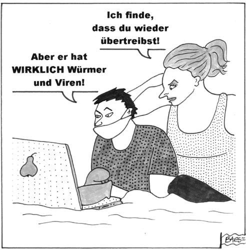 Cartoon: Virenschutzprogramm (medium) by BAES tagged pc,computer,viren,würmer,trojaner,mann,frau,paar,virenschutz,internet,online,pc,computer,viren,würmer,trojaner,internet,virenschutz,online