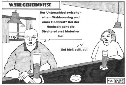 Cartoon: Wahlgeheimnisse (medium) by BAES tagged par,pärchen,ehepaar,hochzeit,heirat,wahl,wahlkampf,wahlen,mann,frau,beziehung,kneipe,liebe,streit