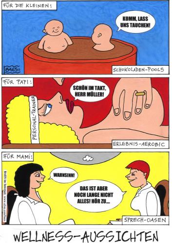 Cartoon: Wellness-Aussichten (medium) by BAES tagged kinder,frauen,aerobic,pool,schokolade,oase,wellness,sport,erholung,urlaub