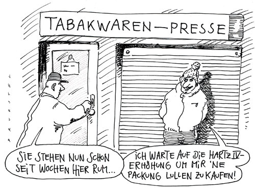 Cartoon: 5 euro (medium) by Andreas Prüstel tagged hartz4,regelsatzerhöhung,arbeit,job,tabak,rauchen,kiosk,hartz,arbeitslosigkeit,arbeitslos