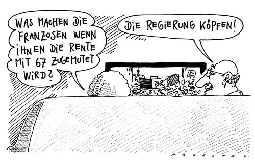 Cartoon: 62 67 (medium) by Andreas Prüstel tagged renteneintrittsalter,frankreich,deutschland,protestaktionen,streik,renten,rentenempfänger,senioren,rente,alter,oma,opa,deutschland,frankreich,streik,protest,arbeit