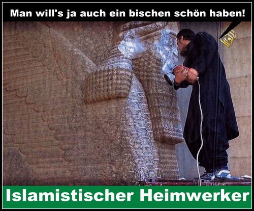 Cartoon: fleißiger islamist (medium) by Andreas Prüstel tagged terrorismus,islamisten,is,dchihad,syrien,irak,kunst,zerstörrung,cartoon,collage,andreas,pruestel